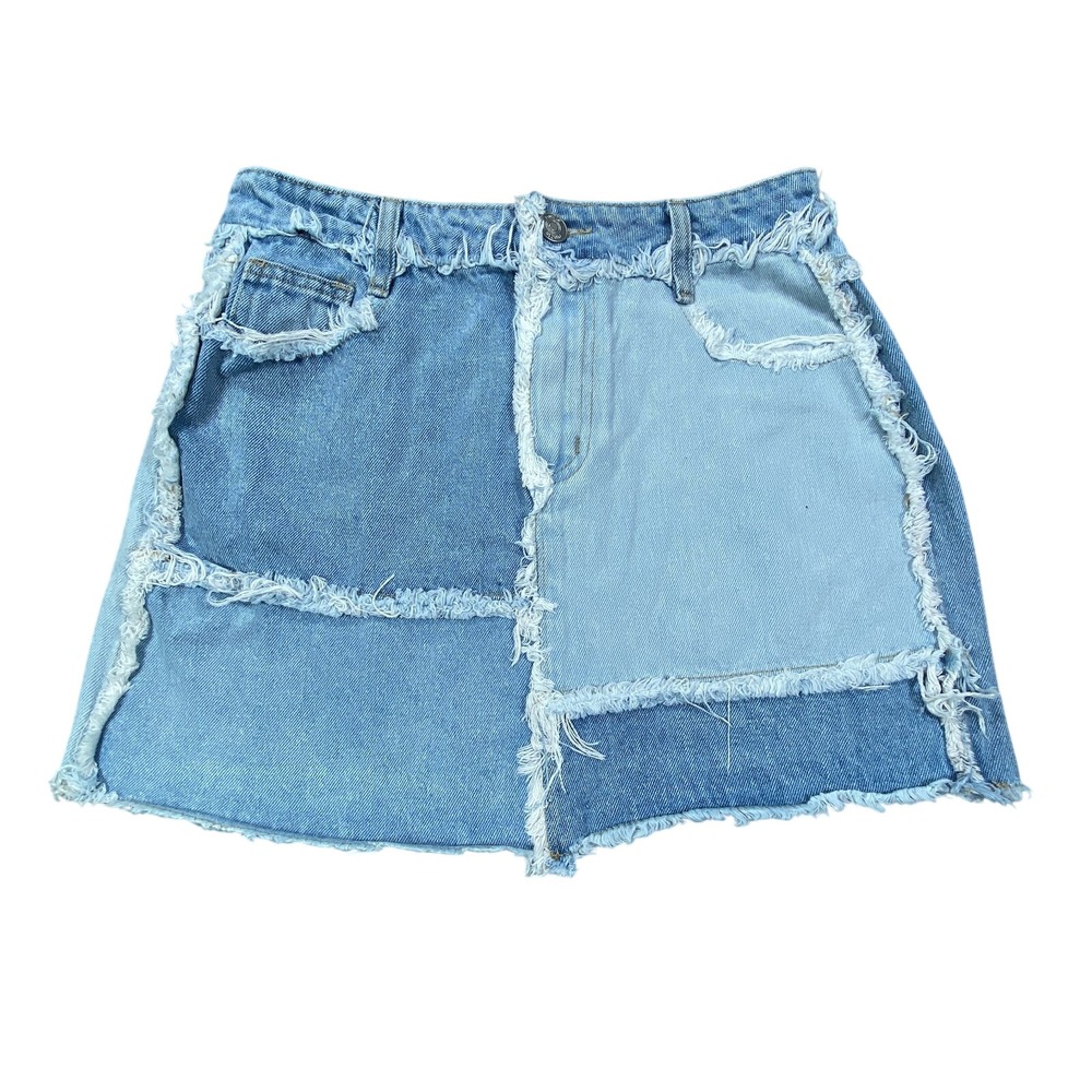 Patchwork Denim Mini Skirt Medium Distress Festival Boho Indie Raw Hem Retro Y2K